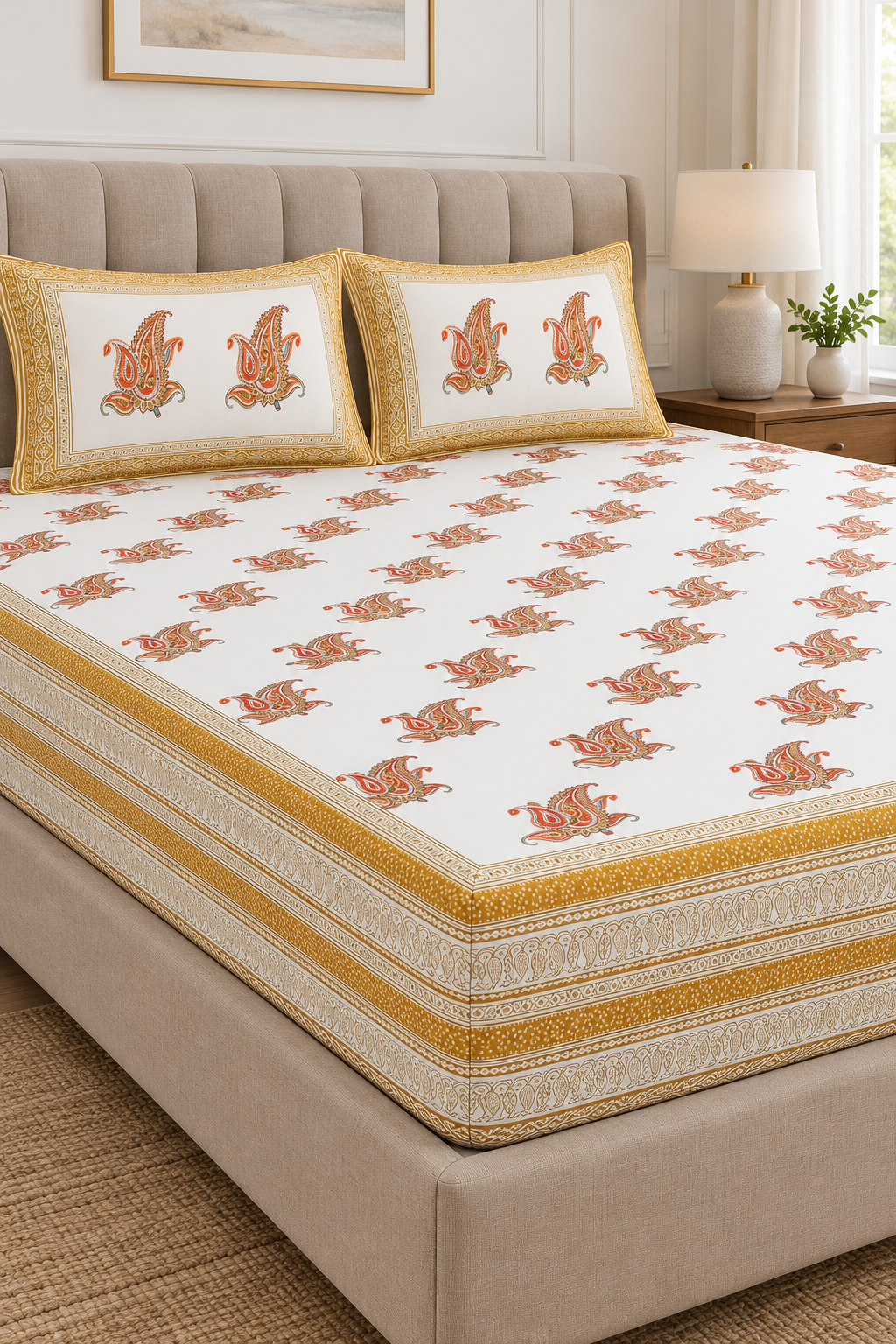 Ivory Paisley Queen Fitted Bedsheet Set – Mustard Gold Border