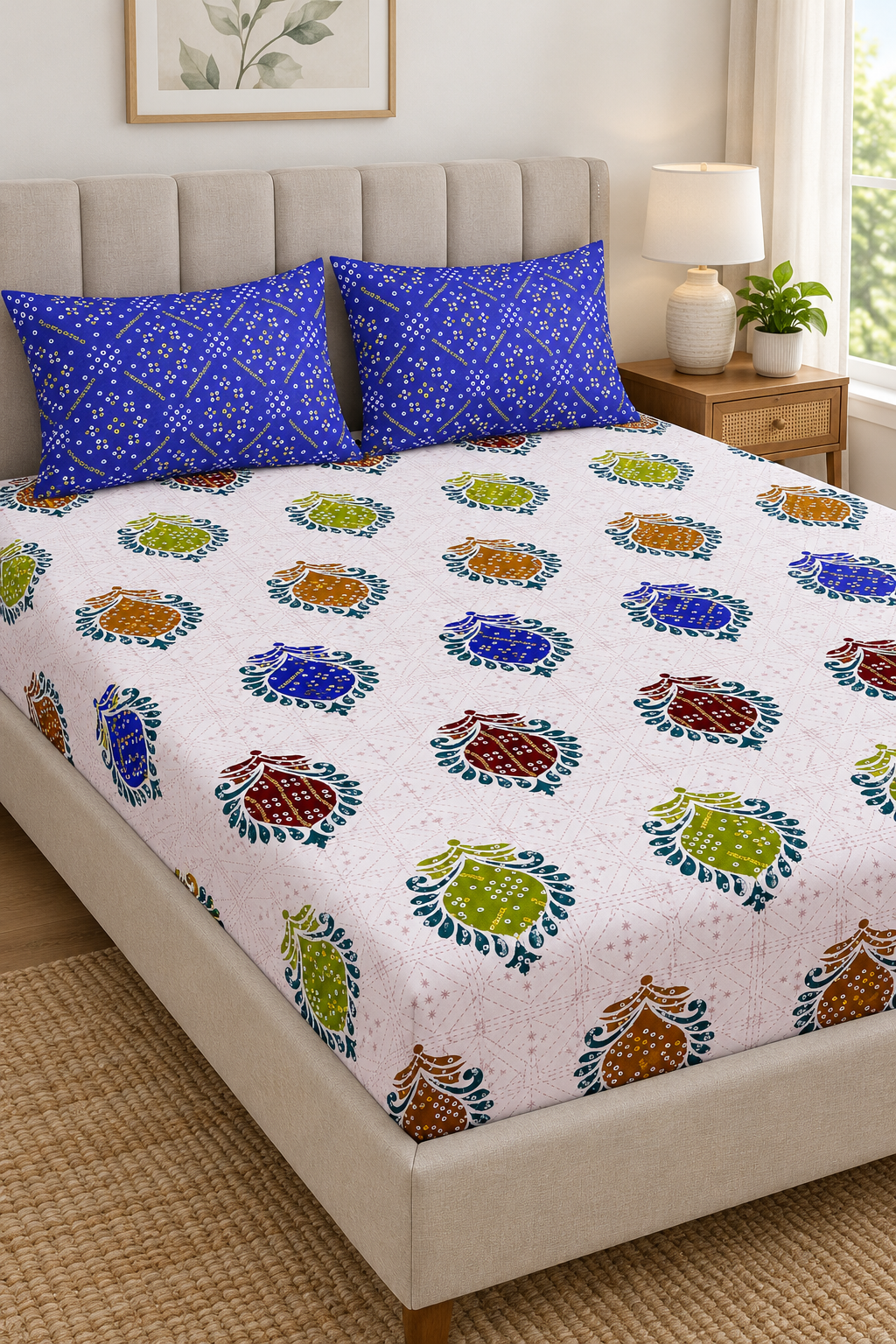Multicolor Medallion Queen Fitted Bedsheet Set with 2 Royal Blue Pillow Covers — 16″ Deep Pocket