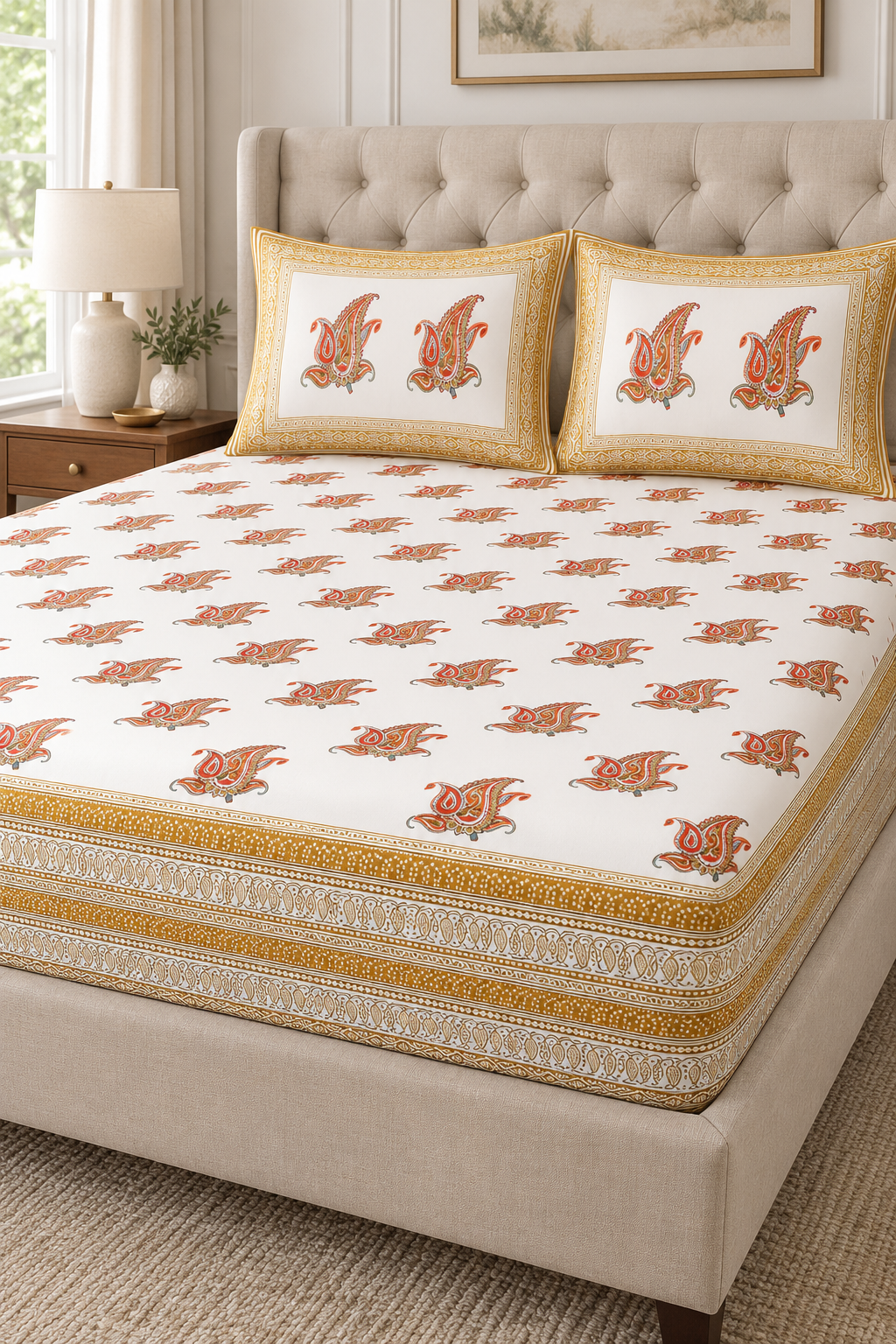 Ivory Paisley Queen Fitted Bedsheet Set – Mustard Gold Border