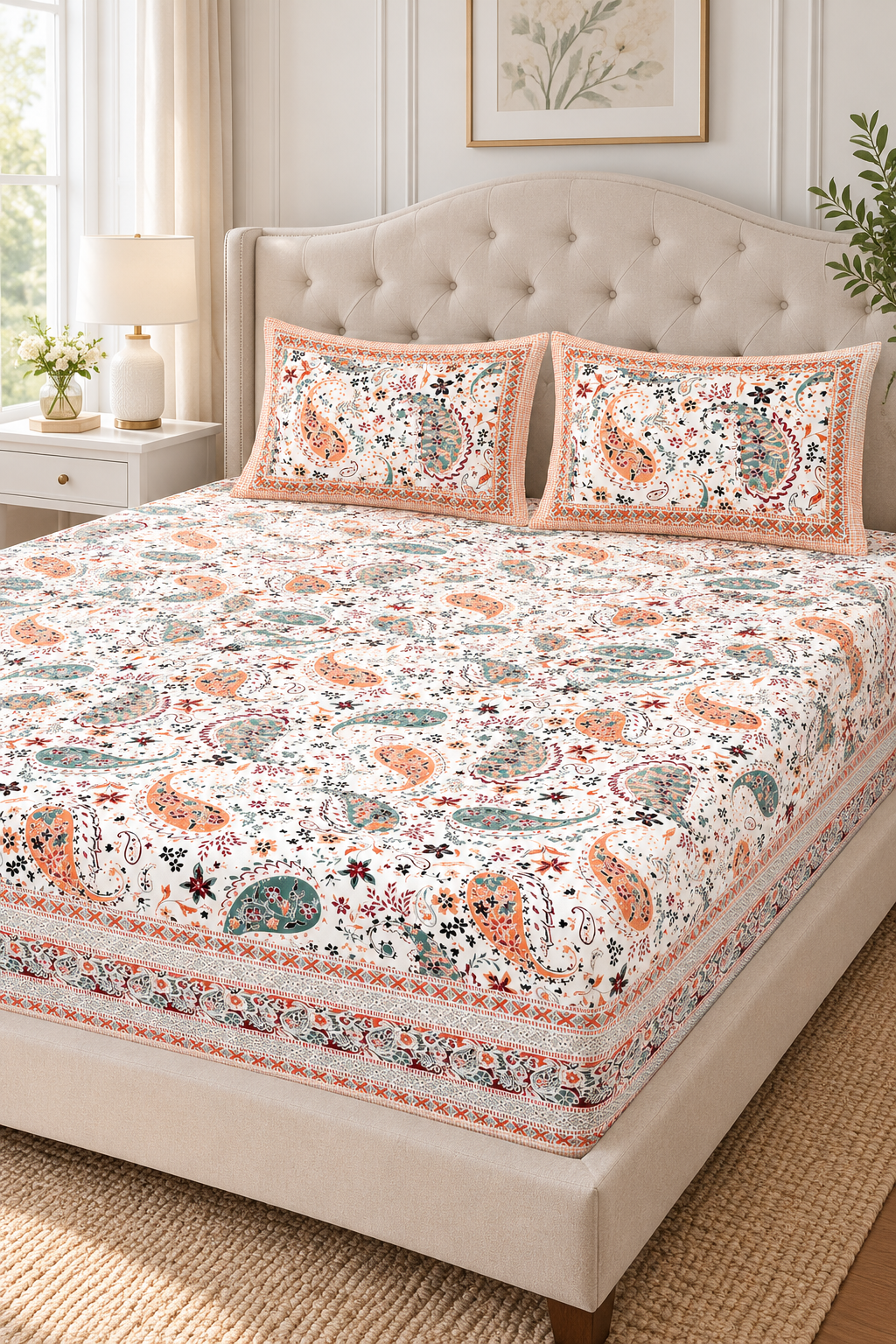 Peach & Green Paisley King Fitted Bedsheet – 78″ × 80″, 16″ Deep Pocket