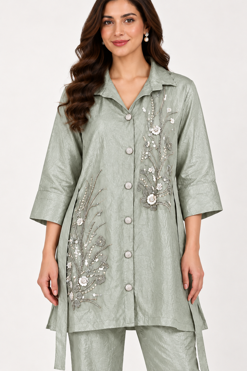 Light Sage Green Botanical Embellished Co-ord Set – Size 38