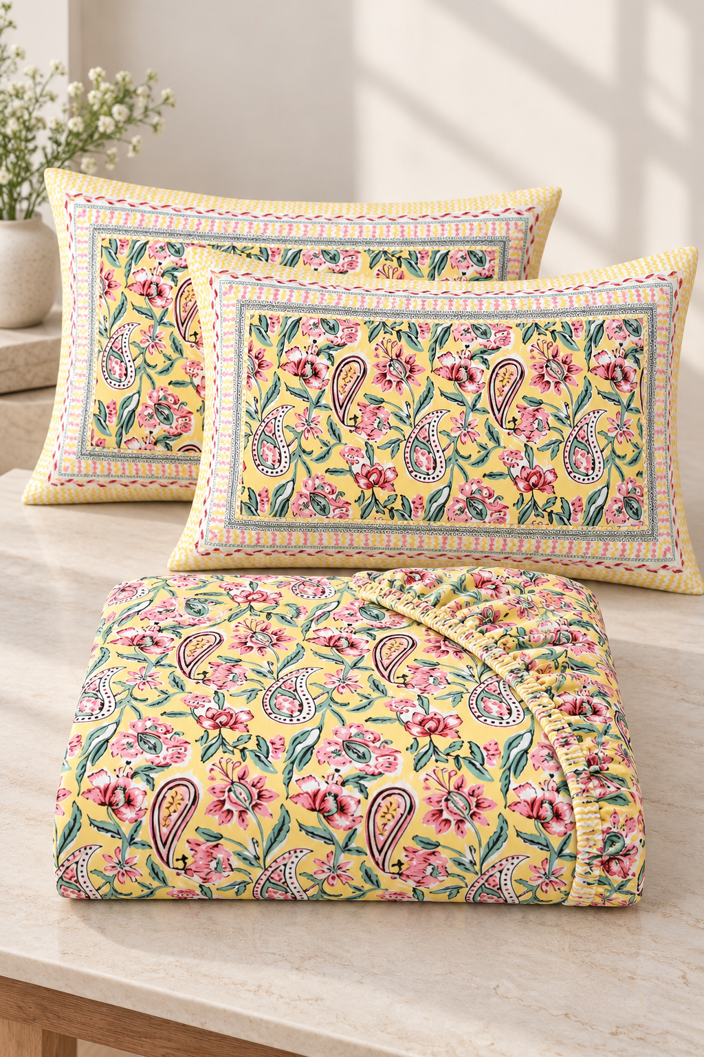 Yellow Floral & Paisley King Size Fitted Bedsheet