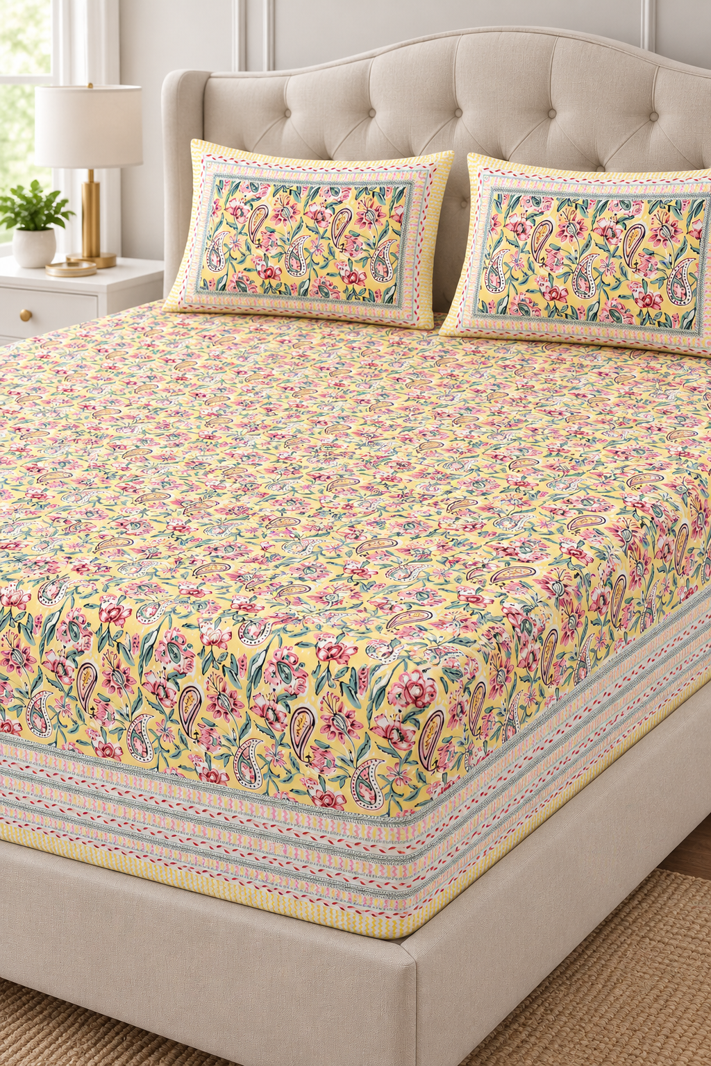 Yellow Floral & Paisley King Size Fitted Bedsheet