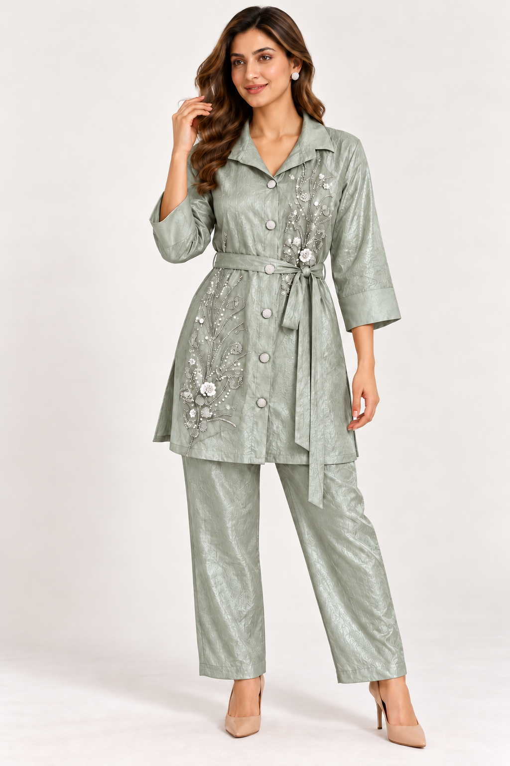 Light Sage Green Botanical Embellished Co-ord Set – Size 38