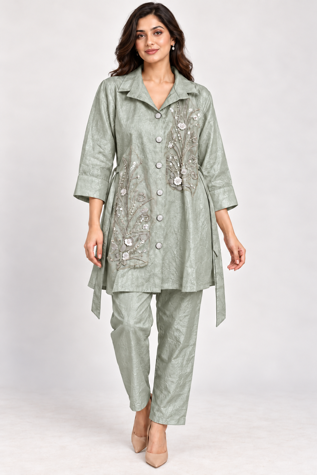 Light Sage Green Botanical Embellished Co-ord Set – Size 38