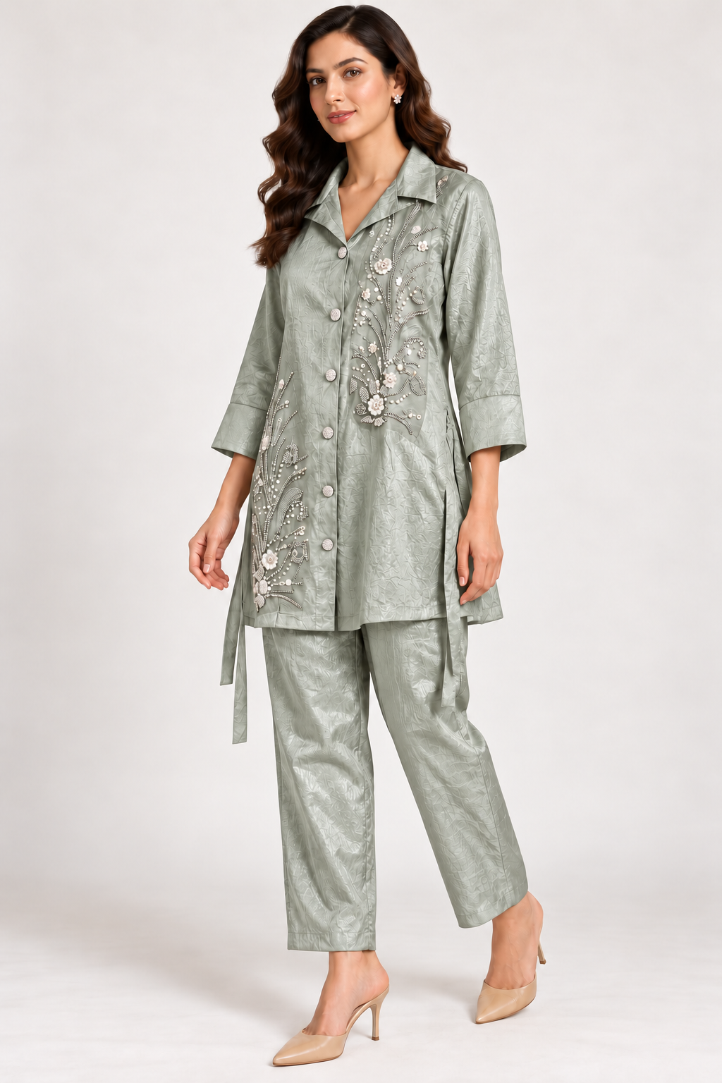 Light Sage Green Botanical Embellished Co-ord Set – Size 38