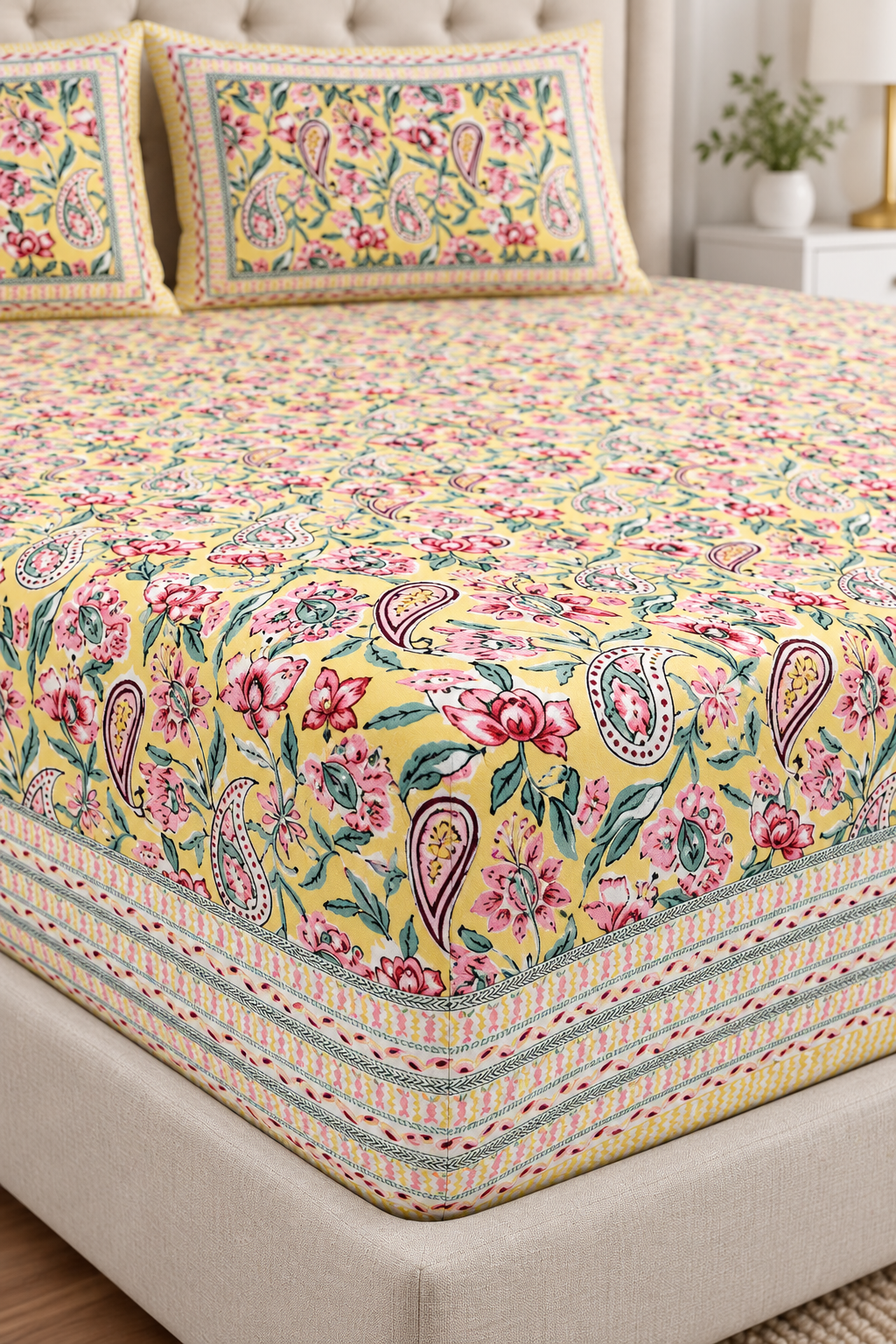 Yellow Floral & Paisley King Size Fitted Bedsheet