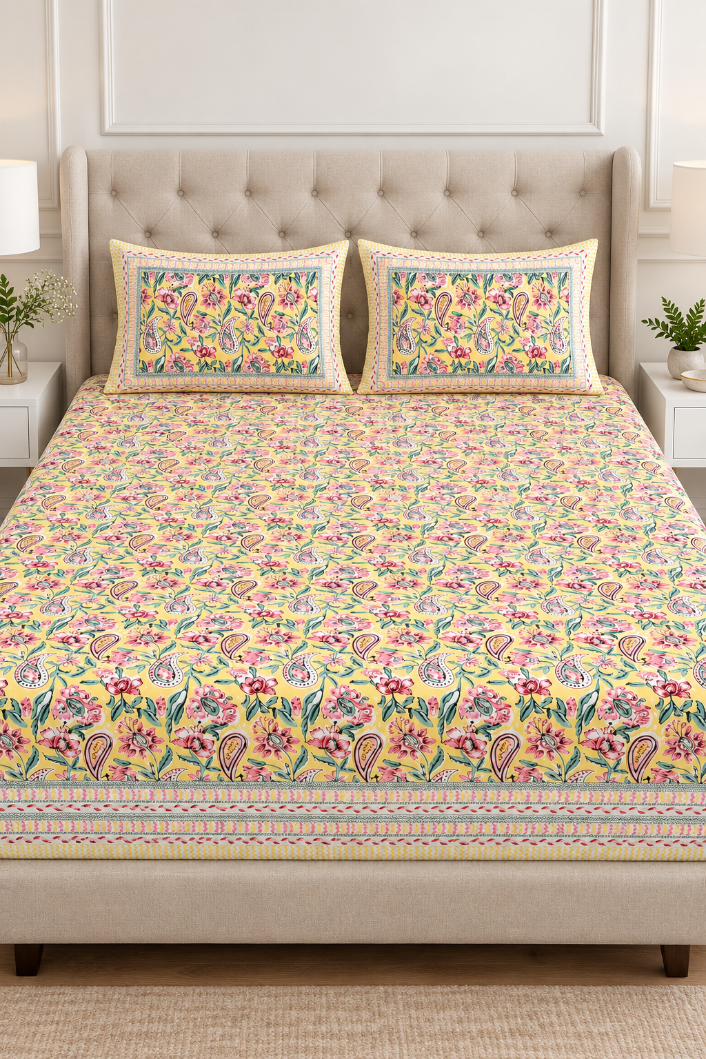 Yellow Floral & Paisley King Size Fitted Bedsheet
