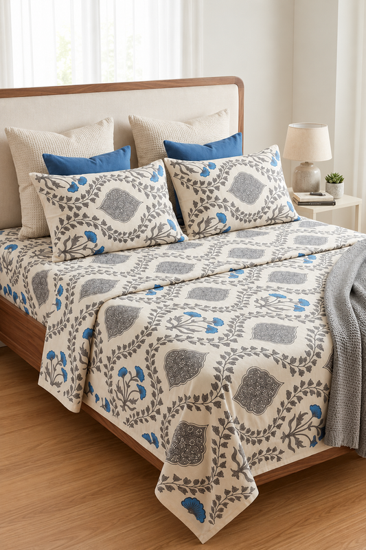 100% Cotton Queen Fitted Bedsheet | Off-White, Grey & Blue Print