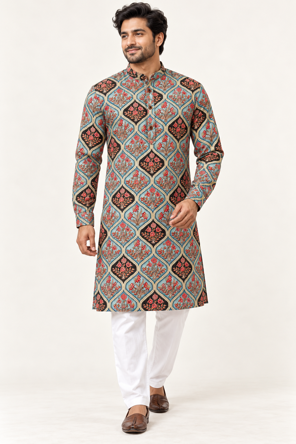 Men’s Blue Floral Print Cotton Kurta with White Pajama