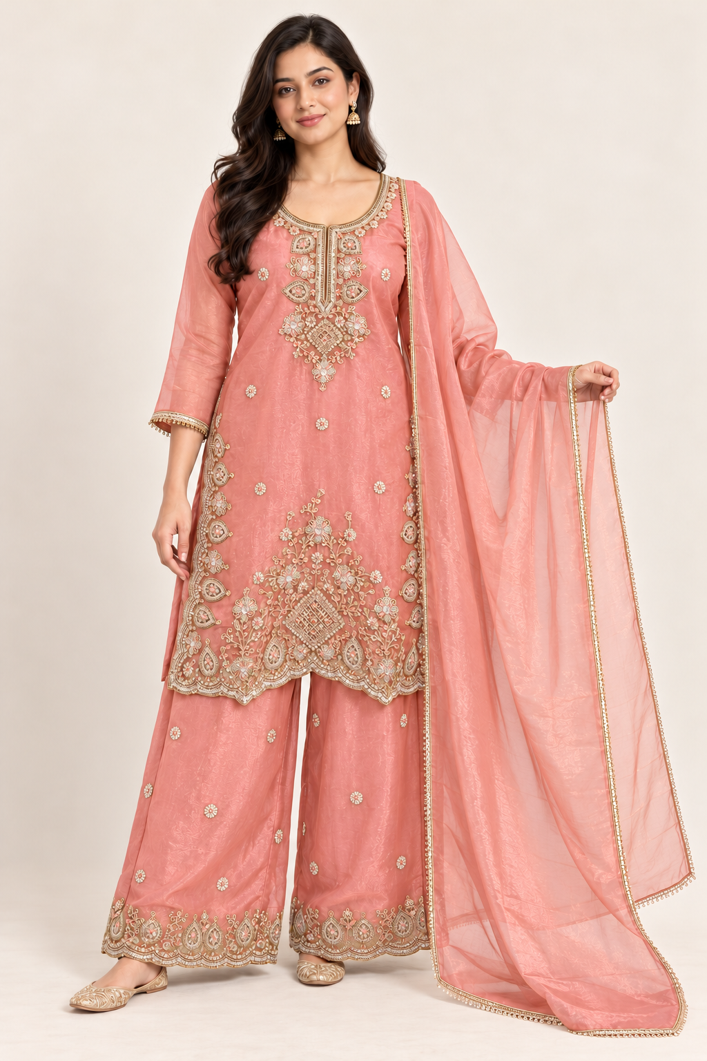 Peach Pink Floral Embroidered Kurta Palazzo Suit with Dupatta