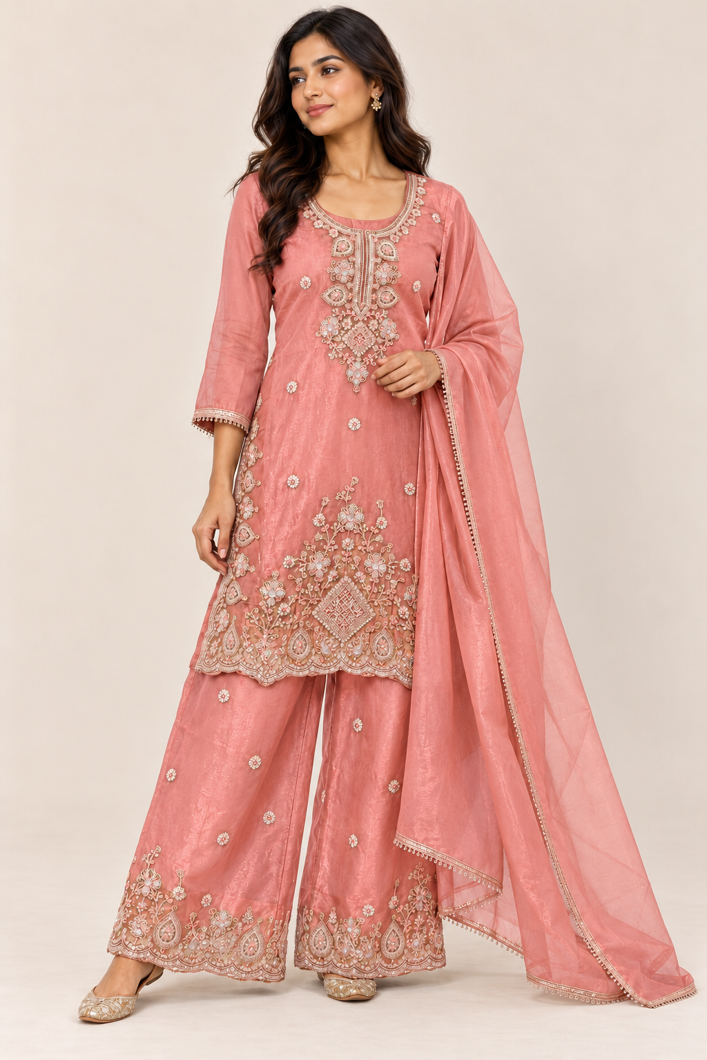 Peach Pink Floral Embroidered Kurta Palazzo Suit with Dupatta