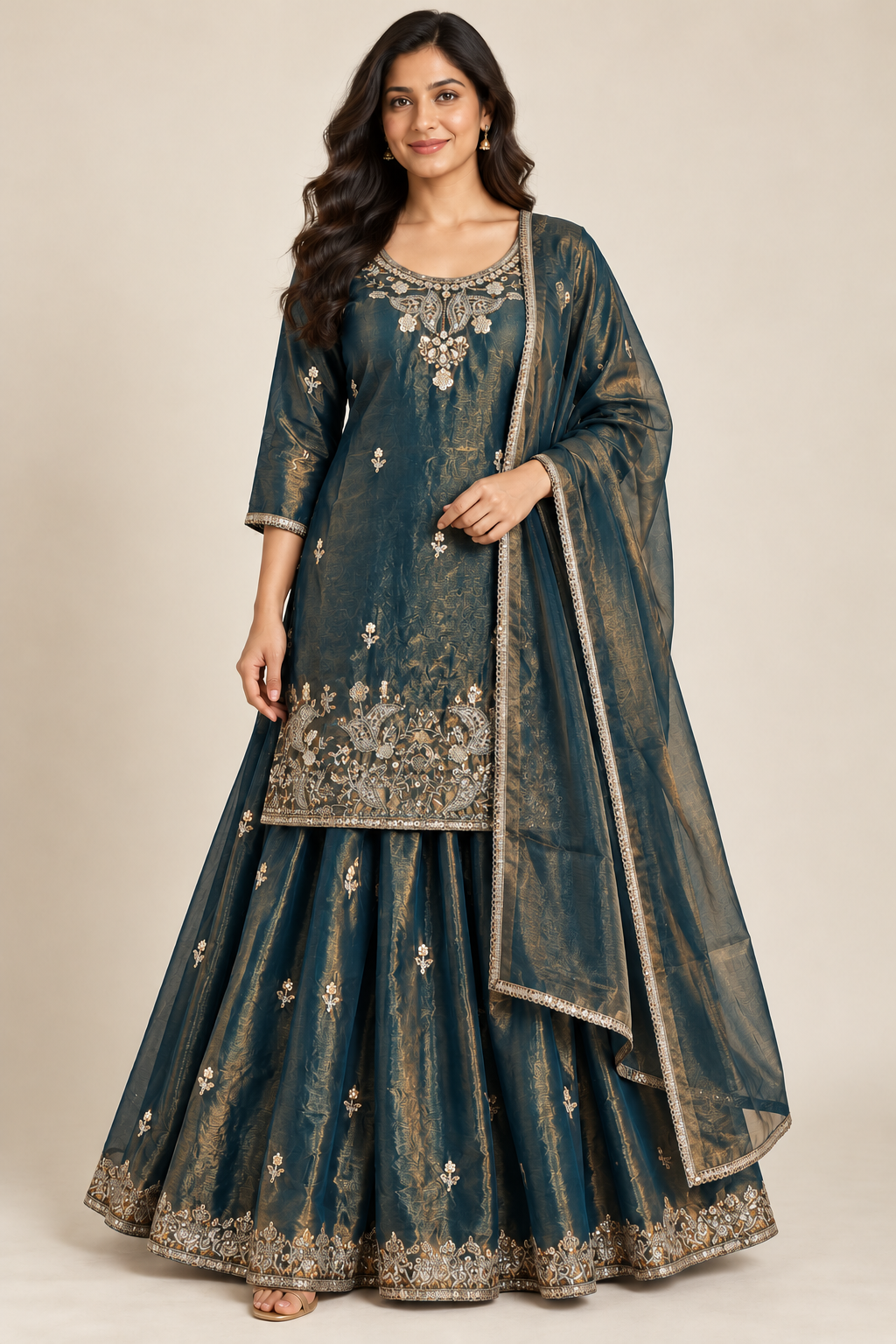 Peacock Teal Embroidered Kurti & Lehenga Set with Dupatta