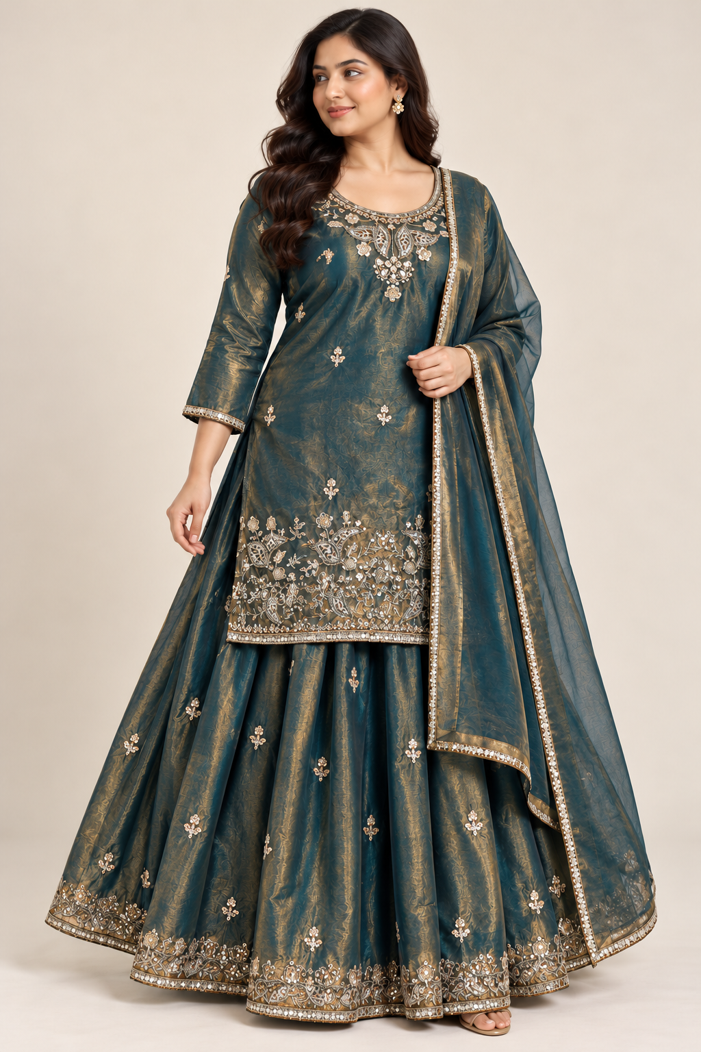 Peacock Teal Embroidered Kurti & Lehenga Set with Dupatta