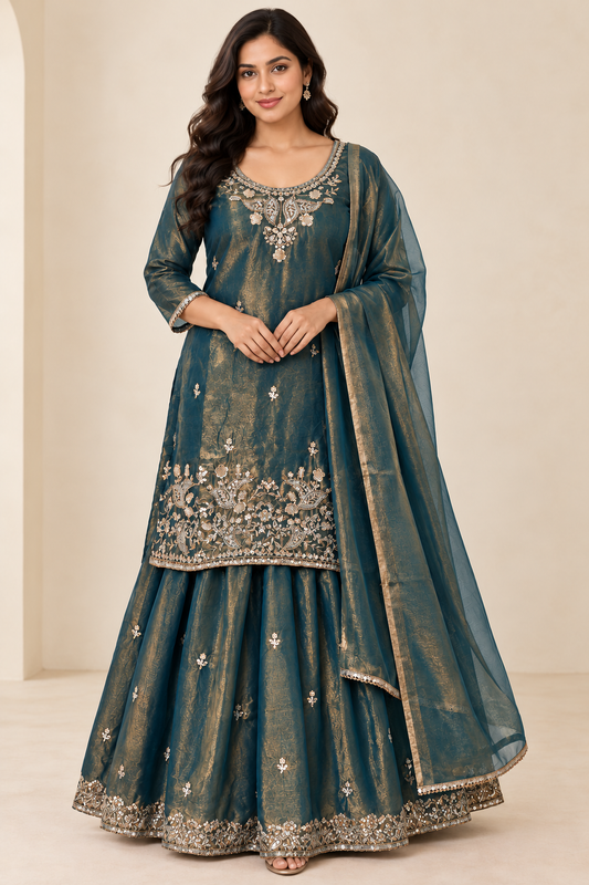 Peacock Teal Embroidered Kurti & Lehenga Set with Dupatta
