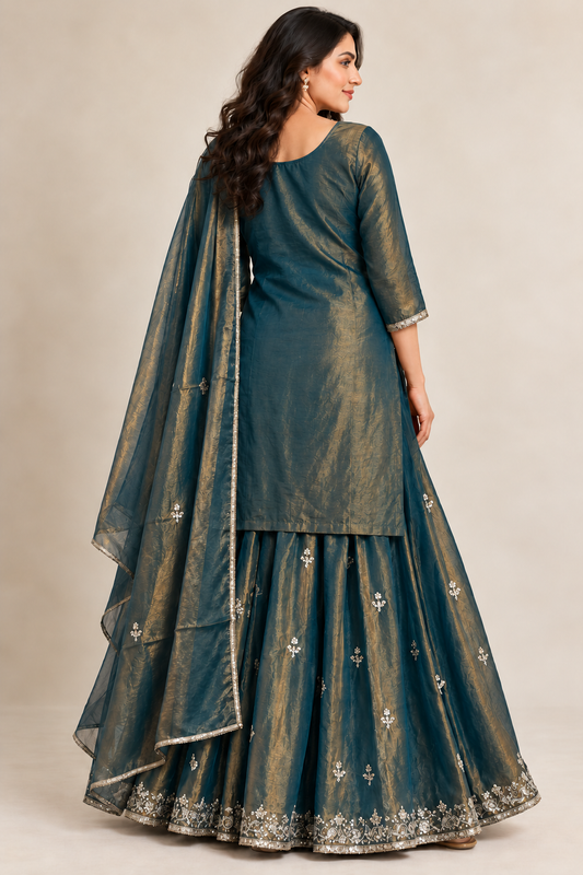 Peacock Teal Embroidered Kurti & Lehenga Set with Dupatta