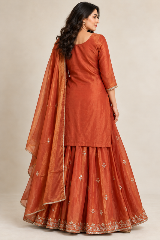 Rust Orange Embroidered Kurti & Lehenga Set with Dupatta