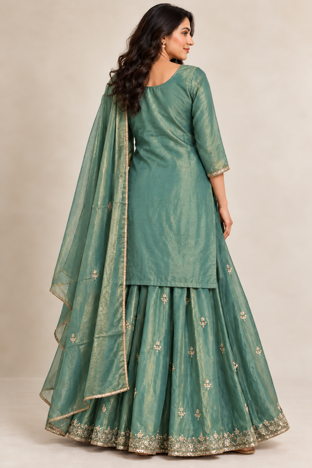 Sea Green Embroidered Kurti & Lehenga Set with Dupatta