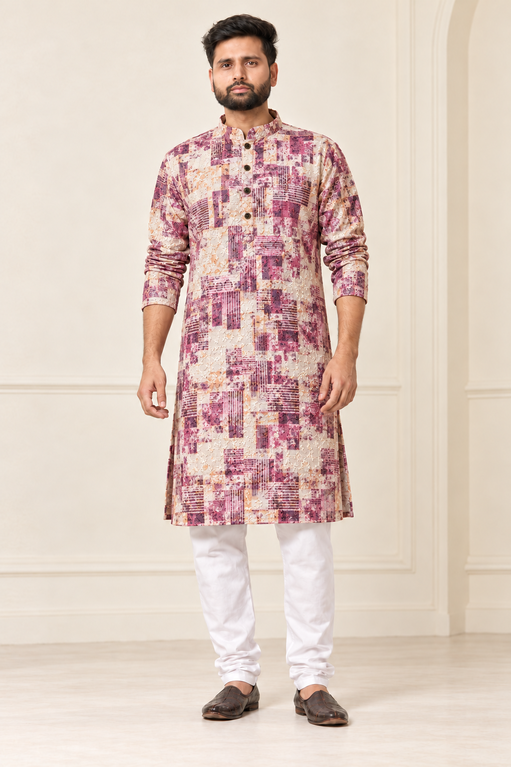 Men’s Cream & Plum Sequin Work Kurta with White Pajama | Heavy Festive Wear