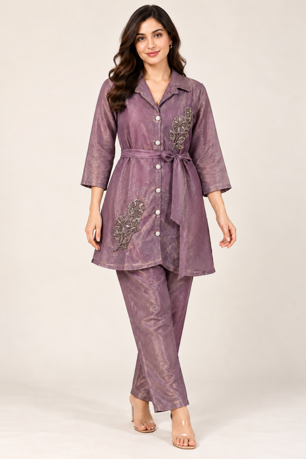 Mauve Purple Embellished Co-ord Set with Belt Option – Size 38