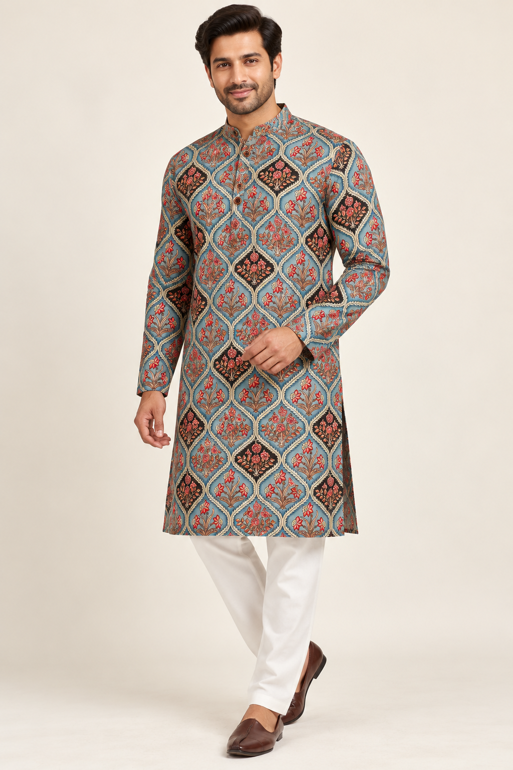 Men’s Blue Floral Print Cotton Kurta with White Pajama
