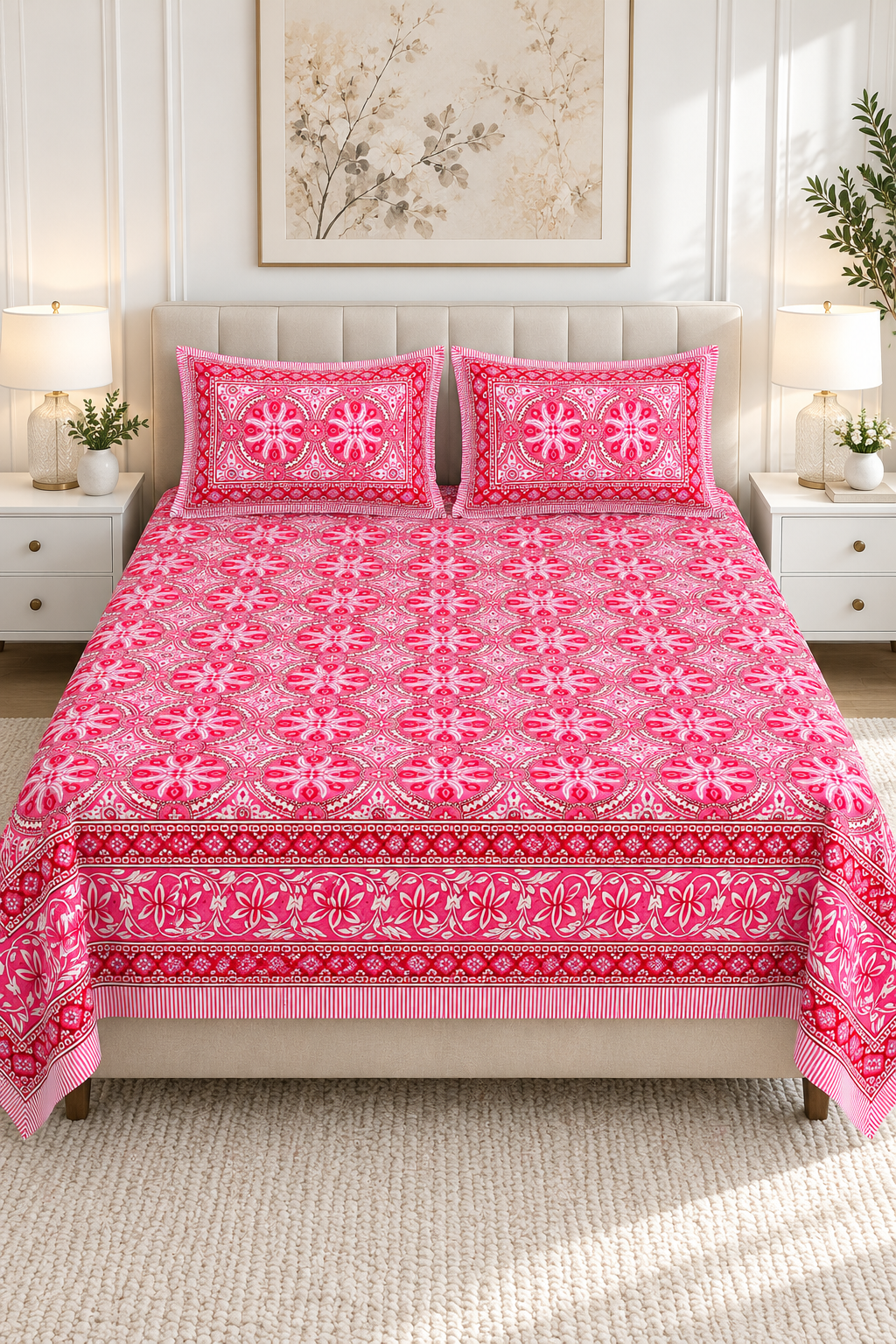 Queen Size Flat Bedsheet with Matching Pillowcases – Red & Pink Floral Medallion Print