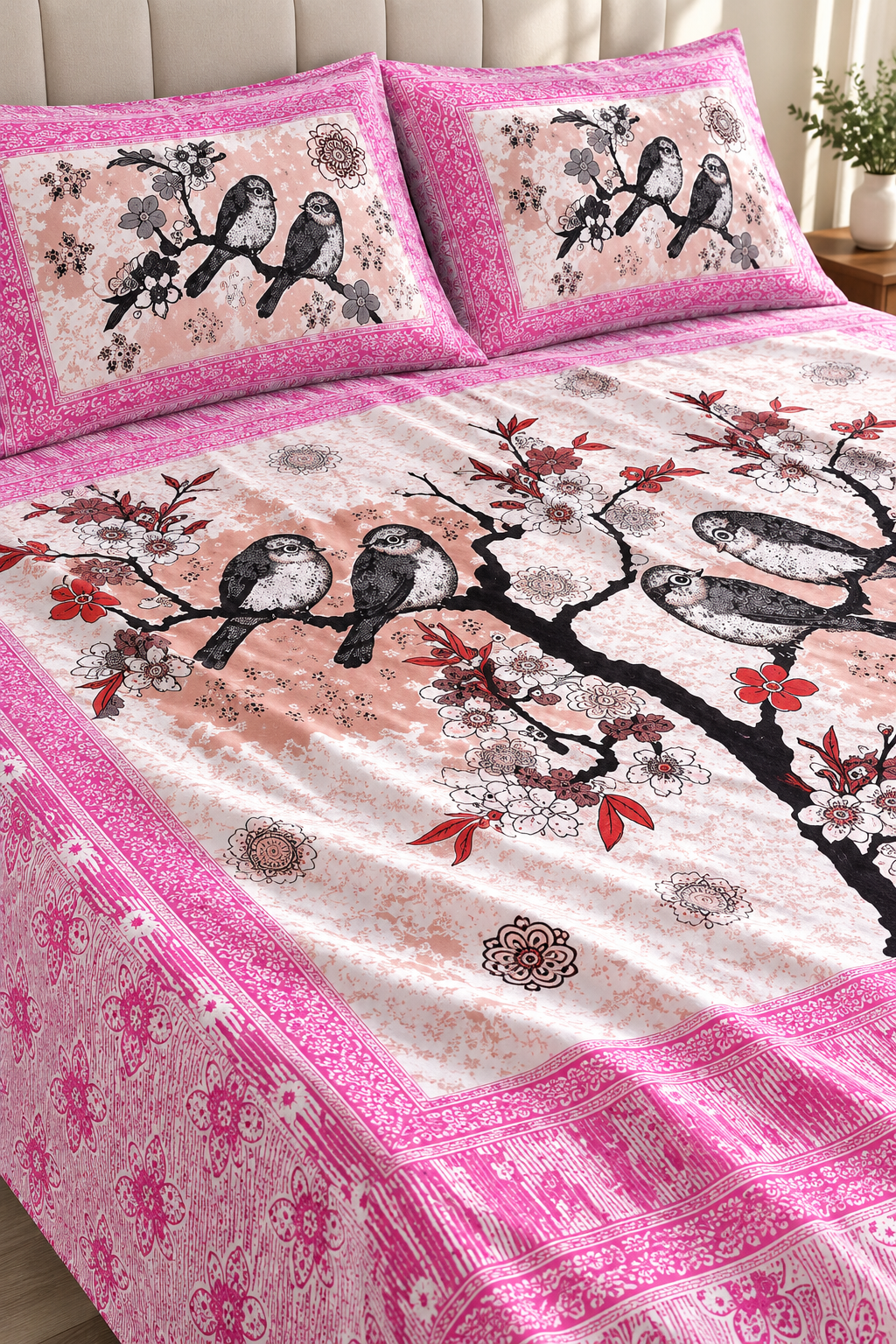 Queen Size Flat Bedsheet with Matching Pillowcases – Pink Bird & Blossom Print
