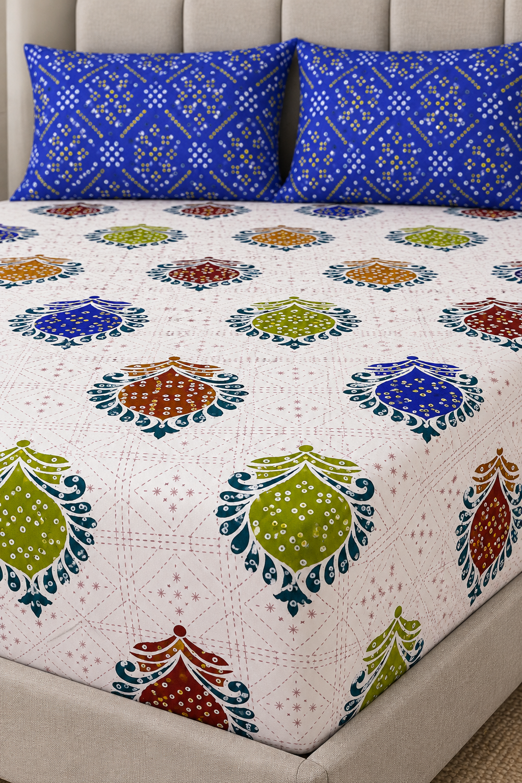 Multicolor Medallion Queen Fitted Bedsheet Set with 2 Royal Blue Pillow Covers — 16″ Deep Pocket