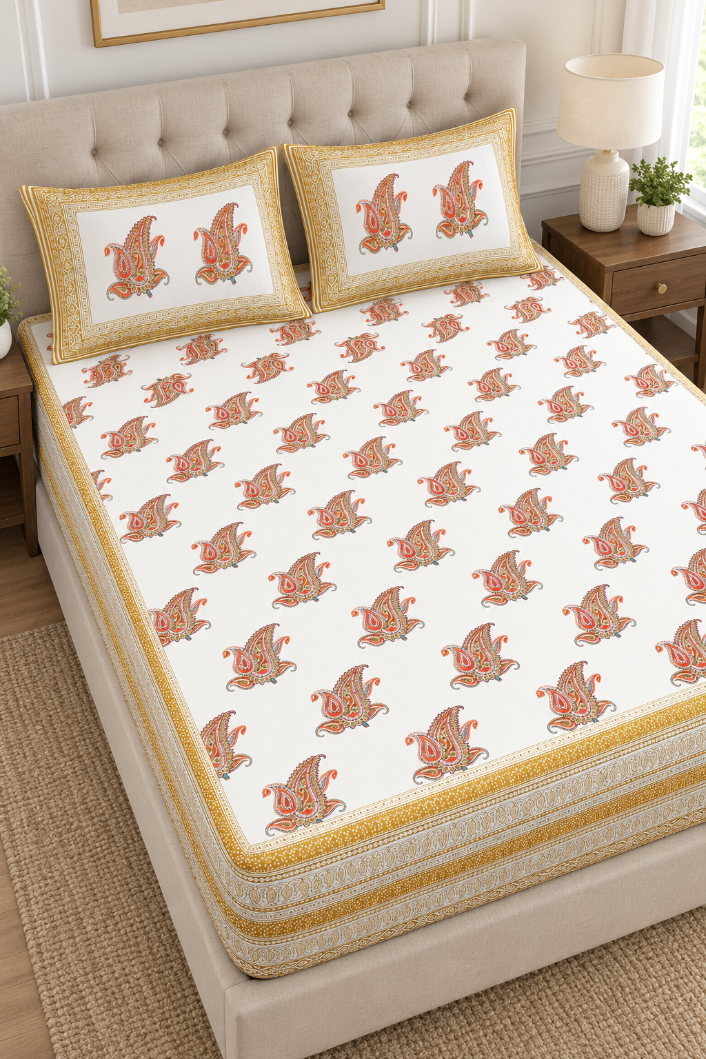 Ivory Paisley Queen Fitted Bedsheet Set – Mustard Gold Border