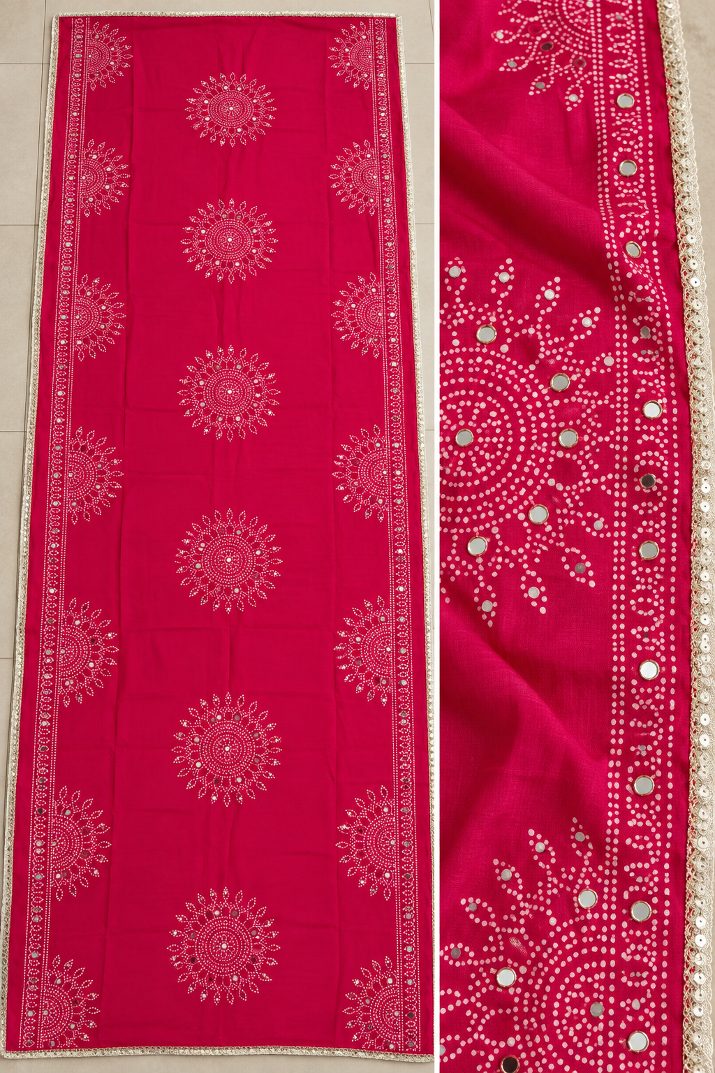 Rani Pink Semi Gaji Bandhej Dupatta with Mirror Work