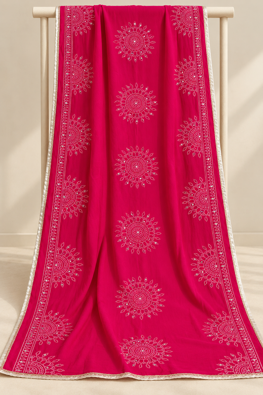 Rani Pink Semi Gaji Bandhej Dupatta with Mirror Work