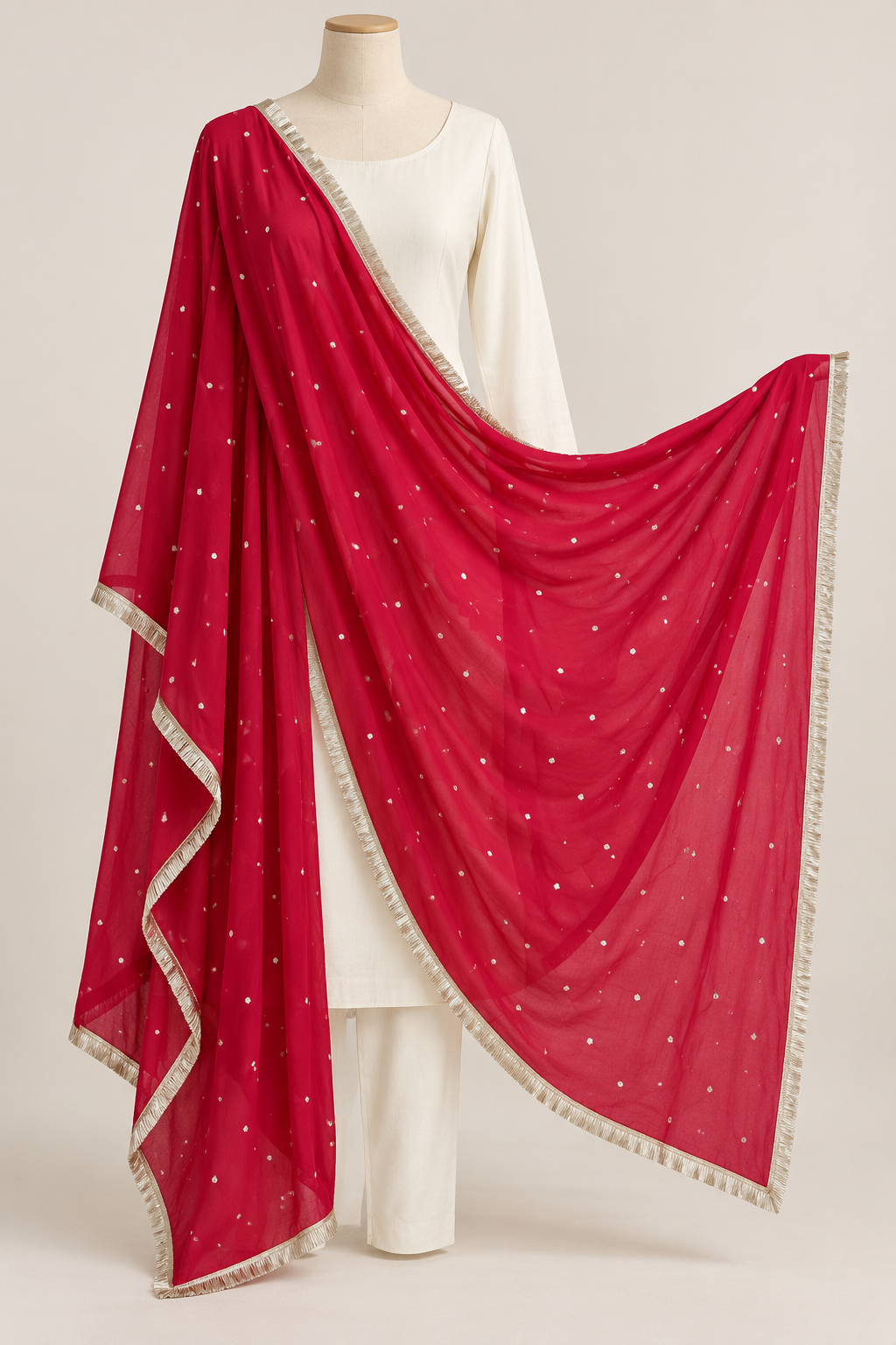 Red Faux Georgette Butti Dupatta with Metallic Border