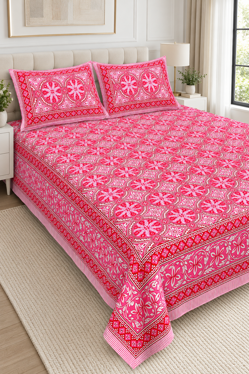 Queen Size Flat Bedsheet with Matching Pillowcases – Red & Pink Floral Medallion Print