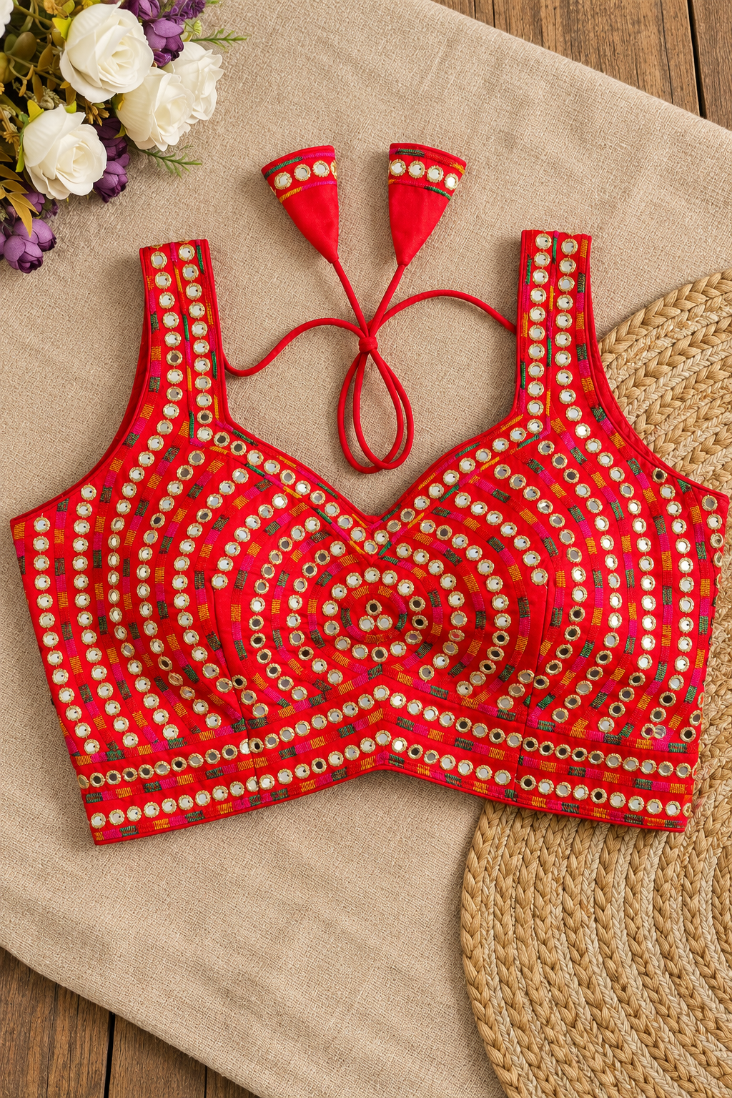 Red Mirror Work Raw Silk Applecut Blouse