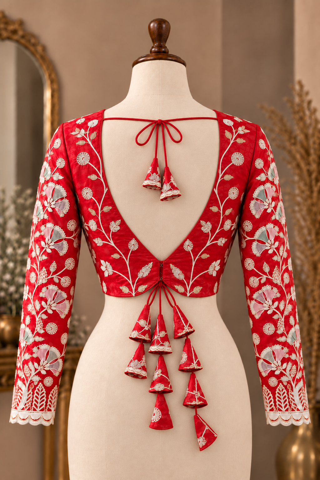 Floral Vine Embroidered Saree Blouse | Red