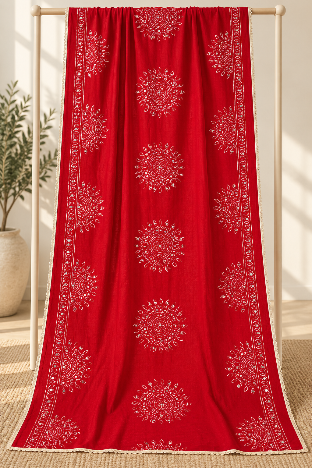 Red Semi Gaji Bandhej Dupatta with Mirror Work