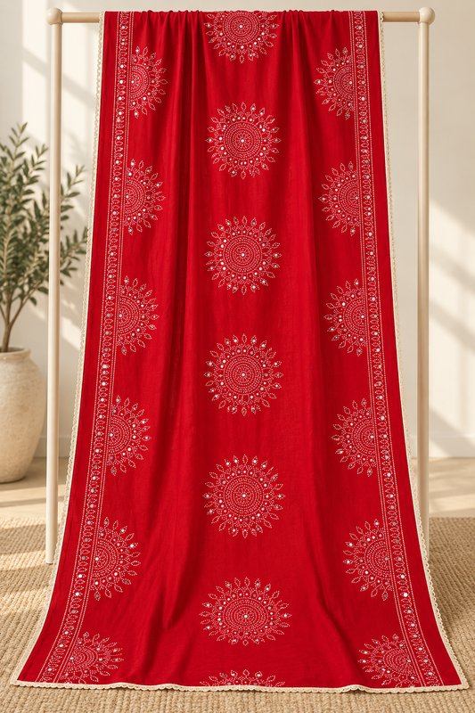 Red Semi Gaji Bandhej Dupatta with Mirror Work