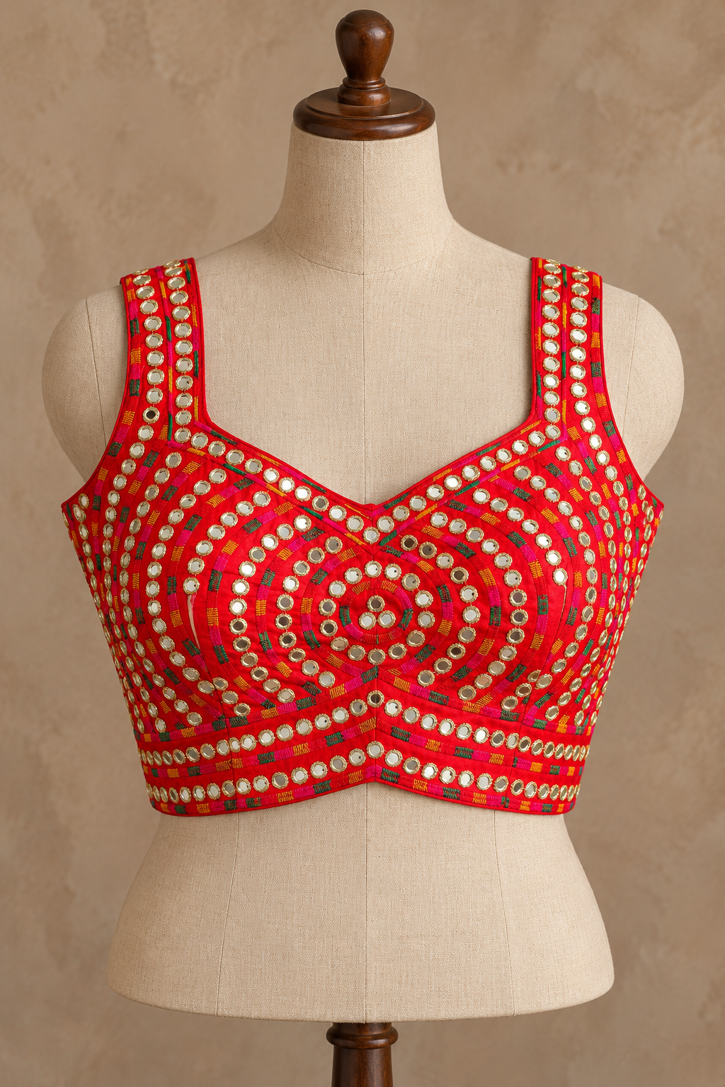 Red Mirror Work Raw Silk Applecut Blouse