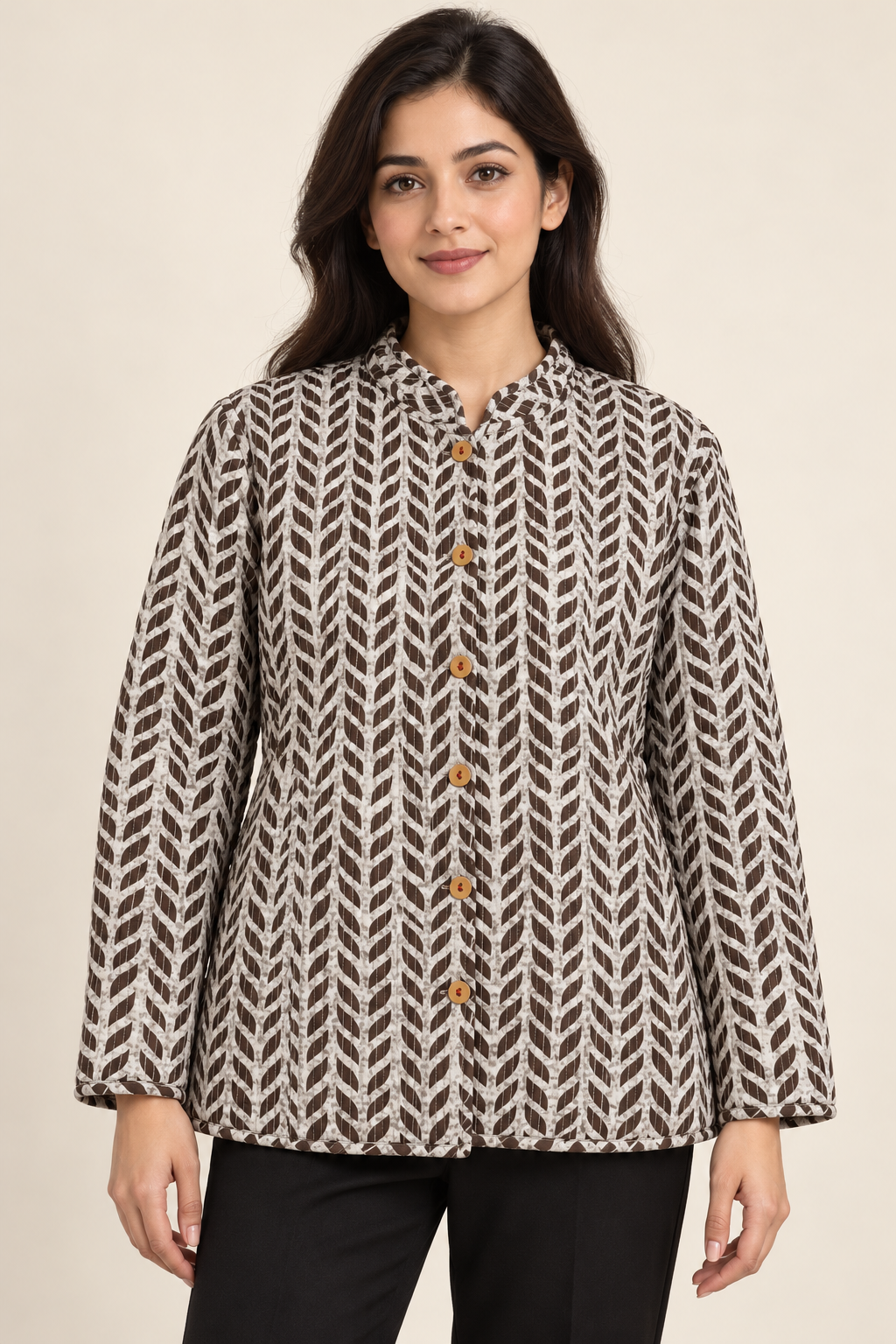 Women’s Reversible Full-Sleeve Quilted Jacket – Blue Floral & Brown Leaf Print