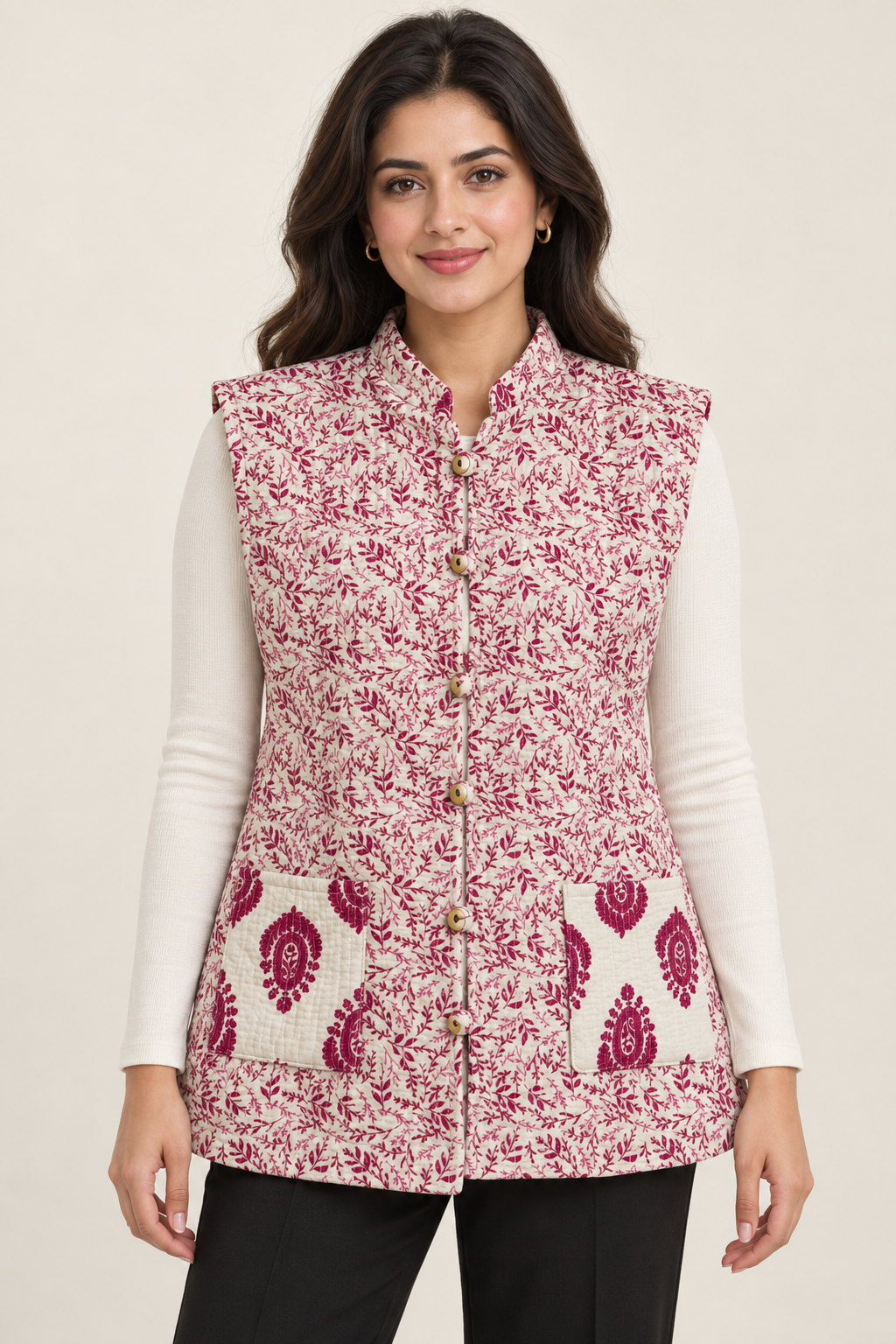 Women’s Reversible Paisley Quilted Sleeveless Jacket – White & Pink