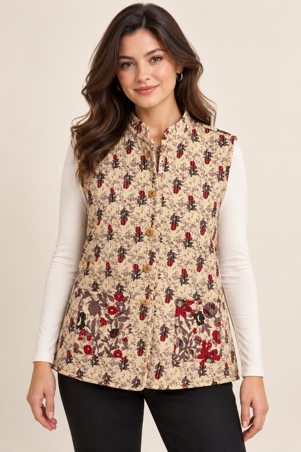 Women’s Reversible Floral Quilted Sleeveless Jacket – Cream & Red