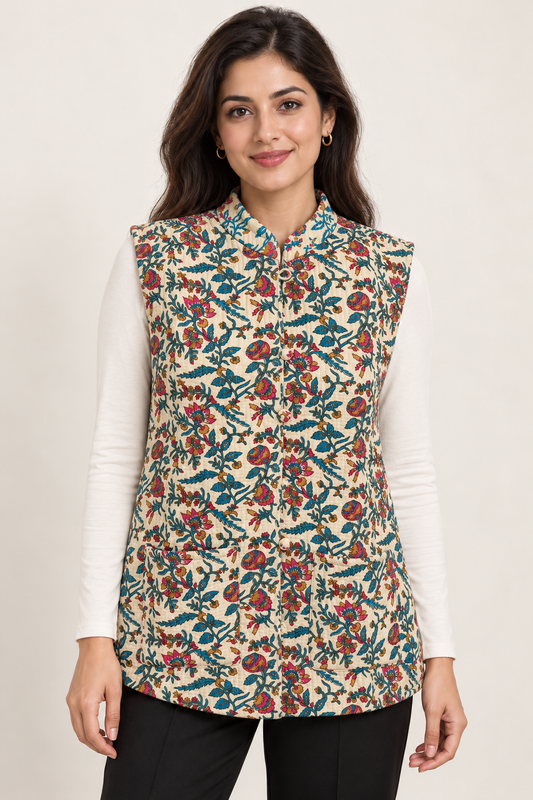 Women’s Reversible Floral Quilted Sleeveless Jacket – Cream, Teal & Pink