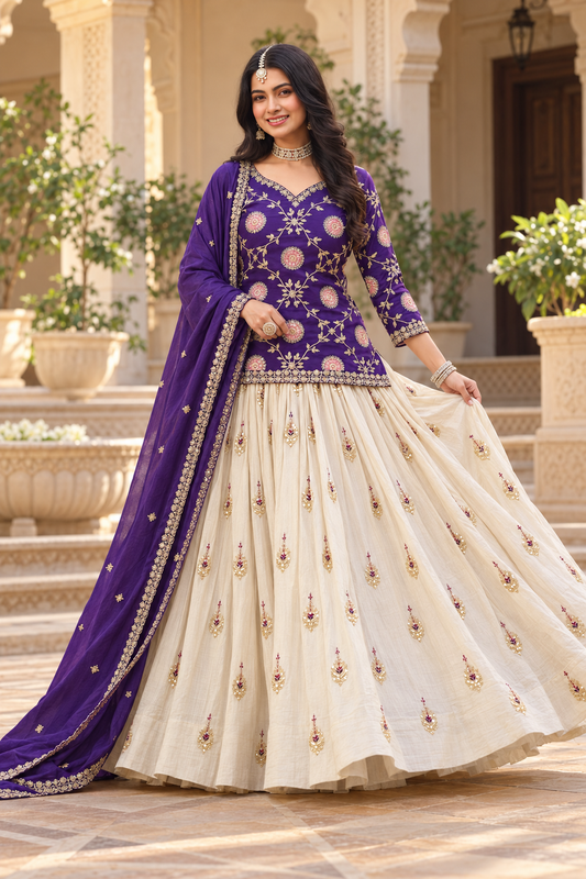 Royal Purple Embroidered Chinon Kurti with Ivory Tissue Silk Lehenga & Dupatta