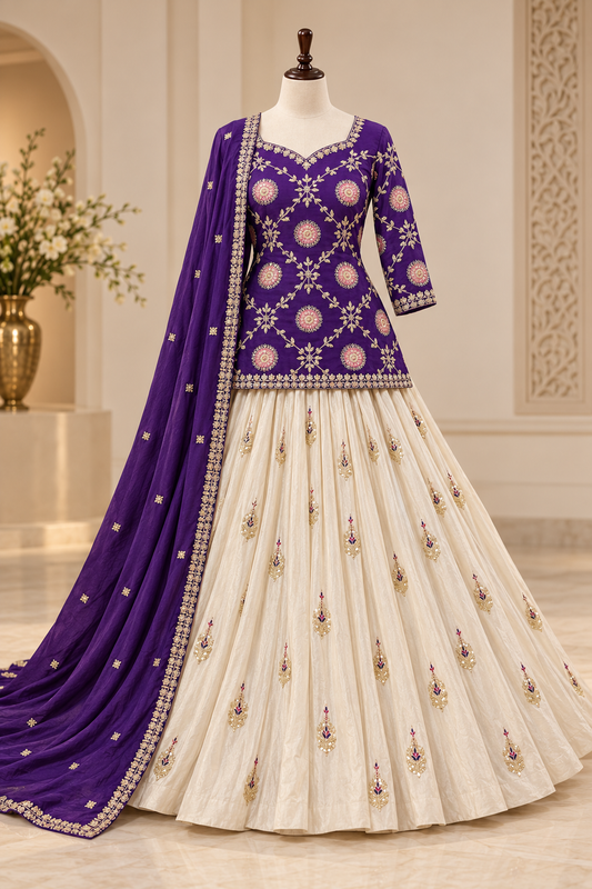 Royal Purple Embroidered Chinon Kurti with Ivory Tissue Silk Lehenga & Dupatta