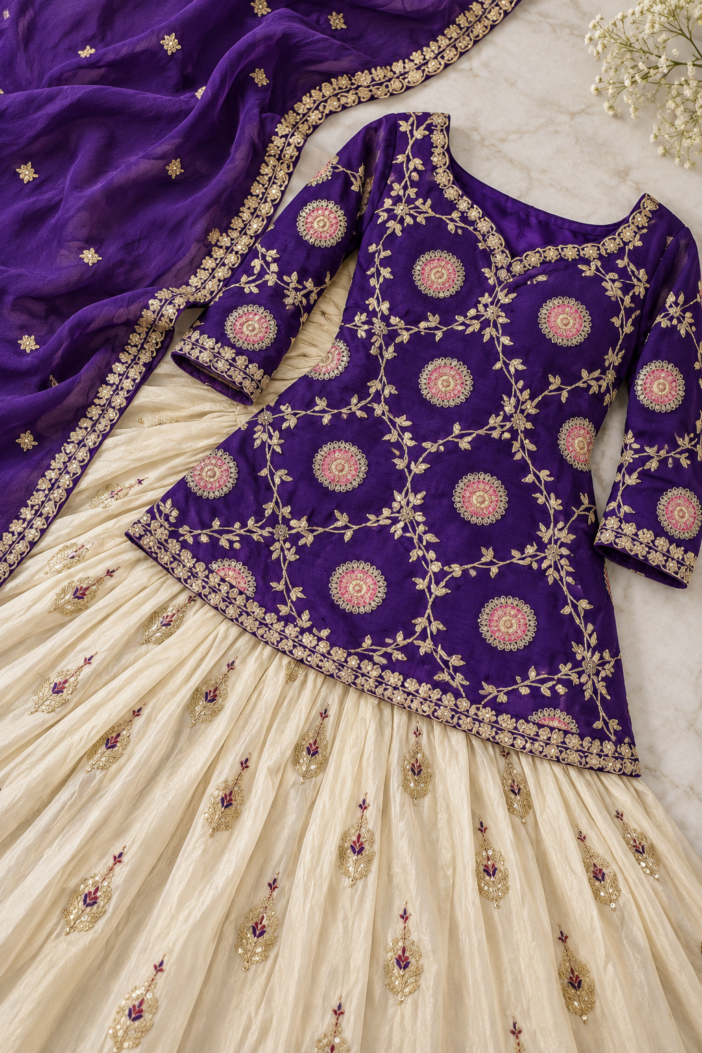 Royal Purple Embroidered Chinon Kurti with Ivory Tissue Silk Lehenga & Dupatta