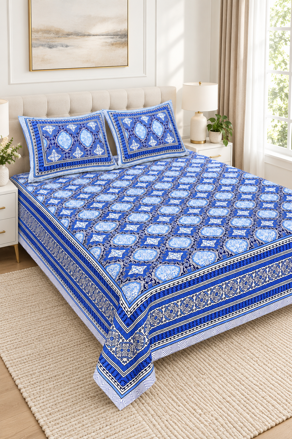 Royal Blue Medallion Queen Flat Bedsheet Set with 2 Pillow Covers