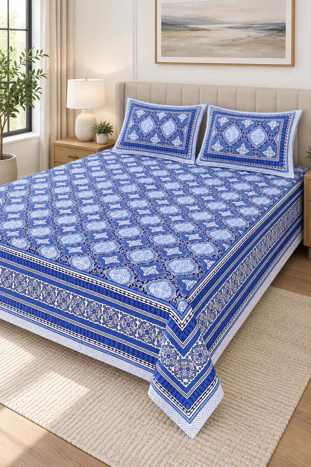 Royal Blue Medallion Queen Flat Bedsheet Set with 2 Pillow Covers
