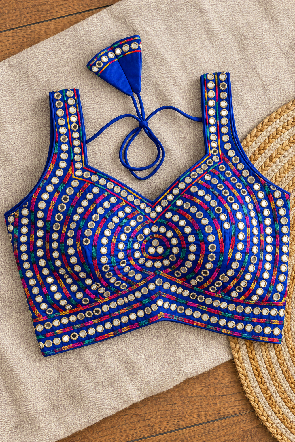 Royal Blue Mirror Work Raw Silk Applecut Blouse