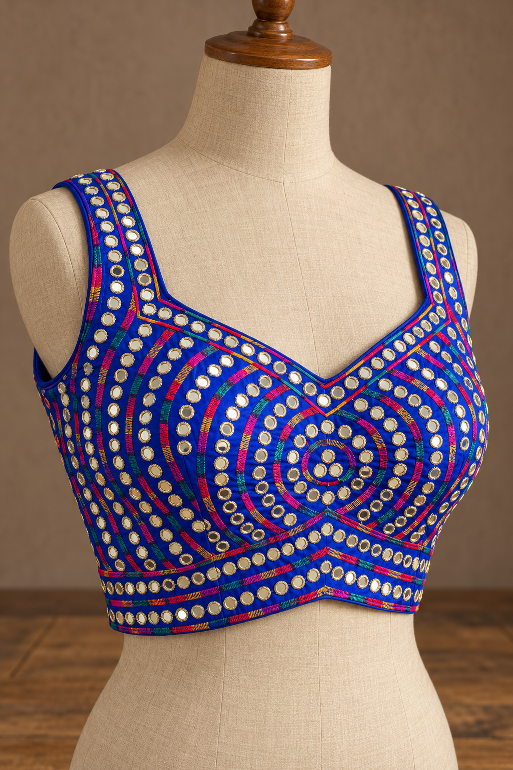 Royal Blue Mirror Work Raw Silk Applecut Blouse