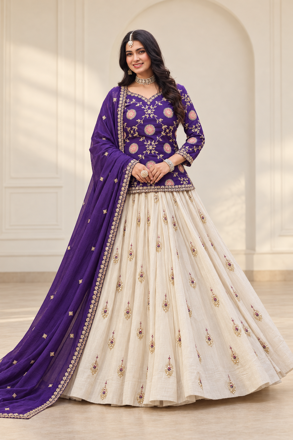 Royal Purple Embroidered Chinon Kurti with Ivory Tissue Silk Lehenga & Dupatta